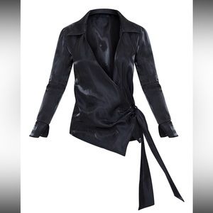 Prettylittlething Black Metallic Plunge Tie Front Shirt